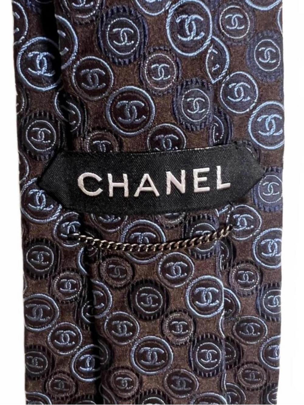 Chanel‎ Vintage Silk CC Logo Tie Brown Blue OS